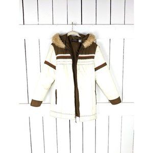 Vintage Sears ivory brown fur hooded nylon ski snowboarding womens jacket